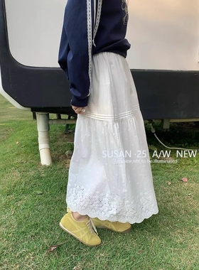 HeyAria法式花朵刺绣白色半身裙春季松紧腰小众休闲百搭长裙