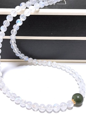 D1194# 天然冰种蓝月光拉长石项链5mm 配和田玉碧玉8mm