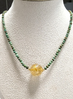 D893# 天然金发晶吊坠锁骨链14.3mm 绿松石配链3mm