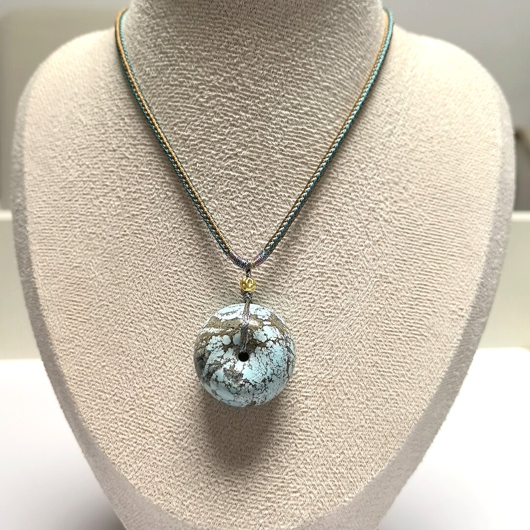 D472# 天然原矿绿松石胖墩网花平安扣吊坠 大版锁骨链25.8*18.5mm
