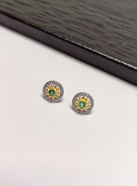 C51# 通体S925纯银双色镀真金 精工镶嵌祖母绿宝石耳钉 裸石3mm