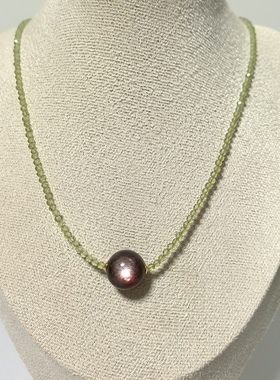 D1310# 天然紫锂云母双眼吊坠锁骨链13.2mm 刻面橄榄石配链2.5mm