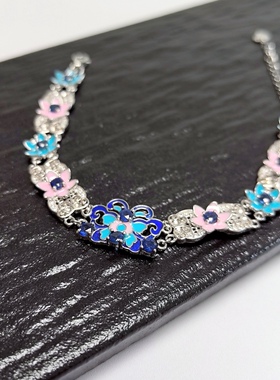 S619# 通体S925纯银复古烧蓝珐琅彩精工镶嵌蓝宝石手链9-12.5*3mm