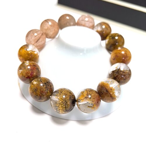 S419# 天然彩幽灵红铜发晶加强版手串 聚宝盆手链13.5mm
