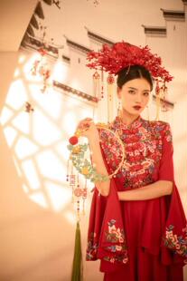 敬酒服红色喇叭袖 旗袍新娘礼服 秋冬2019新中式