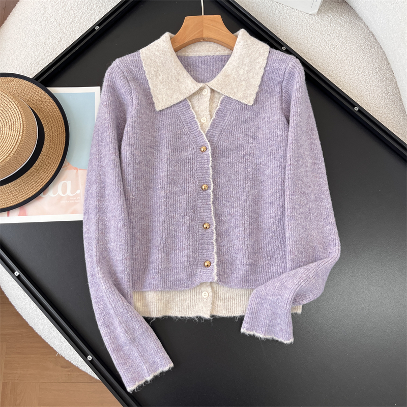 假两件拼接软糯百搭针织开衫毛衣