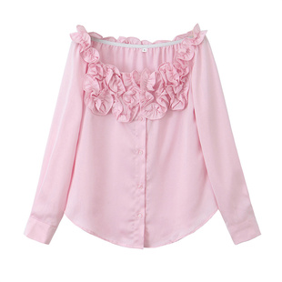 上衣女 甜美温柔纯欲粉色花朵一字肩衬衫 24春秋款 茶里茶气小众法式