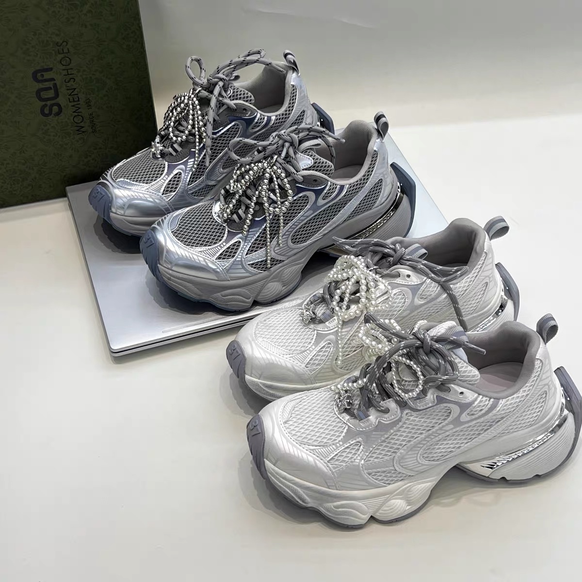 SQA拼接复古1219厚底老爹鞋女2025新款网面透气珠子系带休闲运动