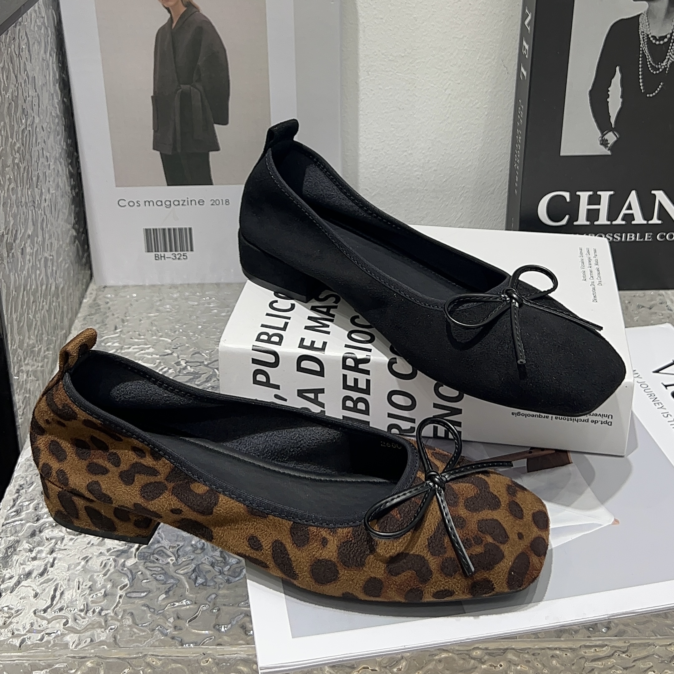 新款Xi'Z'i豹纹2680平跟单鞋四季欧美方头低跟浅口绒面蝴蝶结瓢鞋