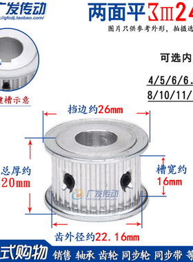 广发两面平3M24/T齿同步皮带轮槽宽16AF型精加工同步轮内孔4-14mm