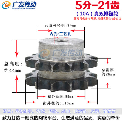 10A真双排链轮 5分21齿 10A21T 适合5分双排链条使用 节距:15.875