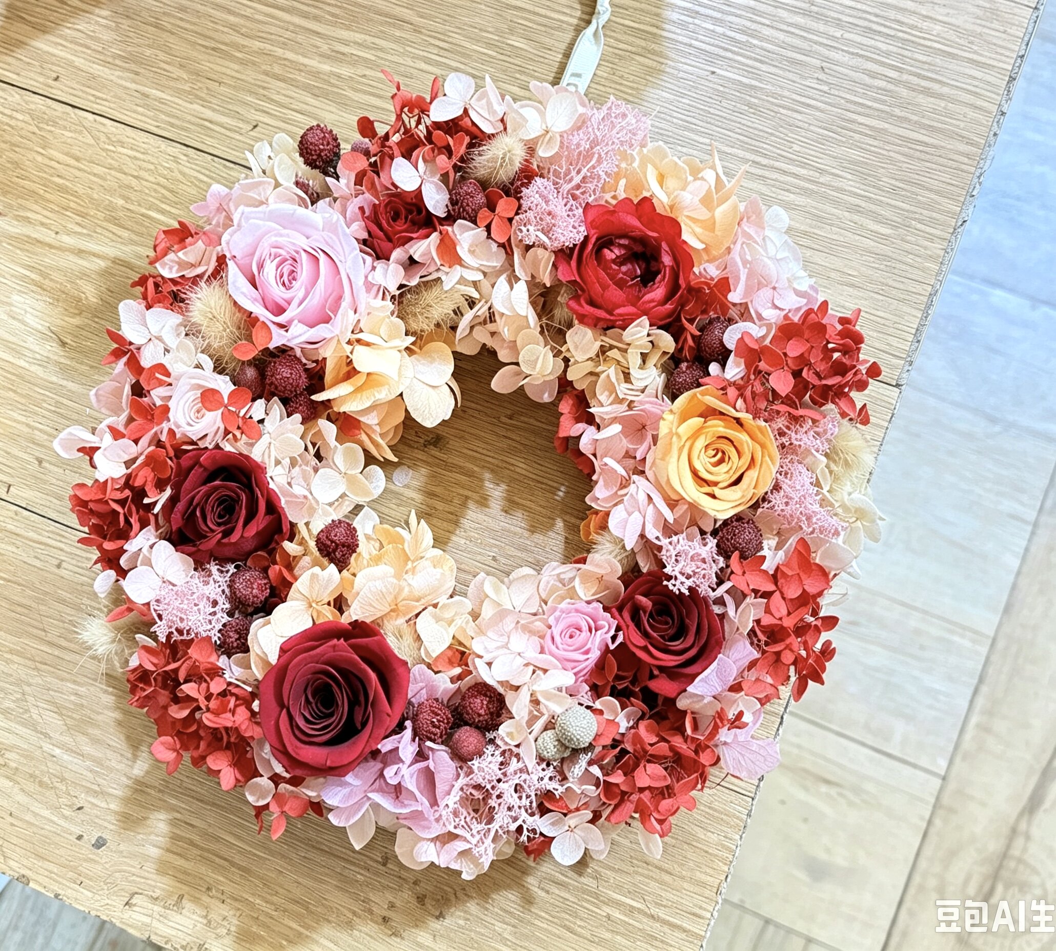 森系真花永生玫瑰绣球花环门楣花婚礼花环墙面装饰花卉橱窗装饰花
