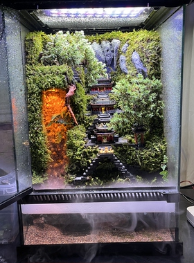 微景观雨林缸生态缸造景桌面流水摆件创意寺庙财神殿玻璃缸