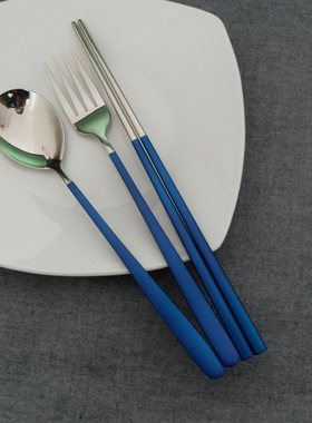 304不锈钢勺叉筷子便携餐具|盒装3件套餐具|学生勺叉筷抽拉盒蓝色