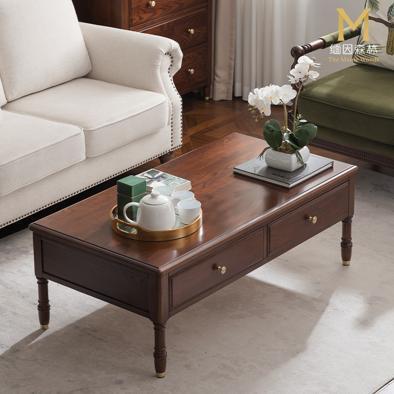 轻奢实木茶几抽屉现代美式全实木小户型家用新中式白蜡木缅因森林