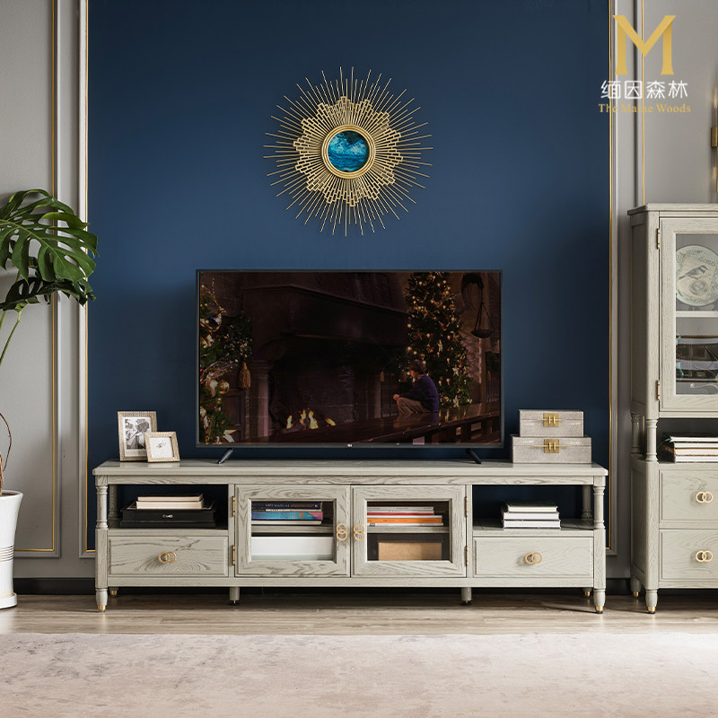 灰色实木电视柜 小众高级灰色全实木电视柜现代客厅美式家具白蜡
