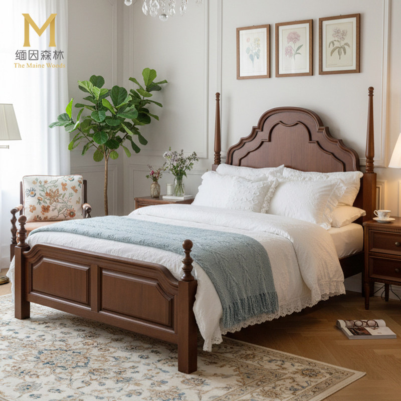 安娜床中古风主卧法式实木床胡桃色1米8白蜡木双人床美式政府补贴