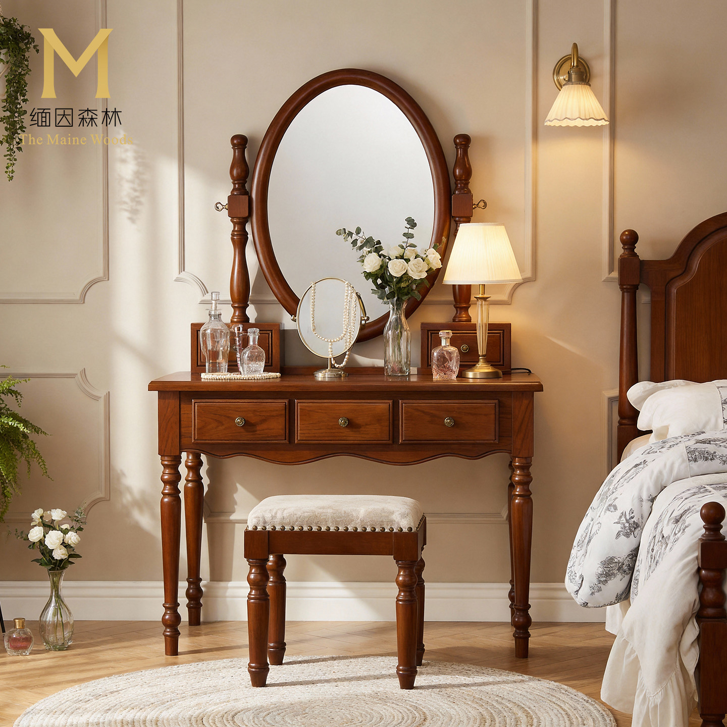 中古风纯实木梳妆台法式化妆桌卧室家具梳妆镜复古风格水性漆环保