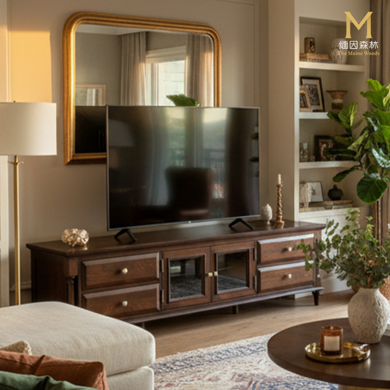 纯实木电视柜美式轻奢全实木现代简约实木家具水性漆地柜复古风格