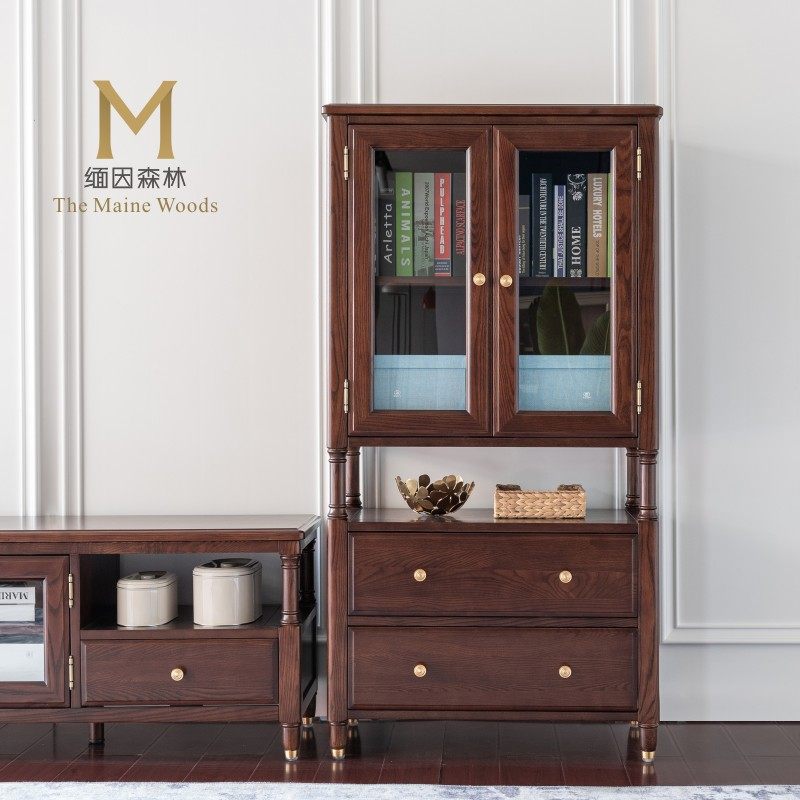 米兰玻璃柜 轻奢边柜餐边柜书柜酒柜现代美式全实木水性漆白蜡木