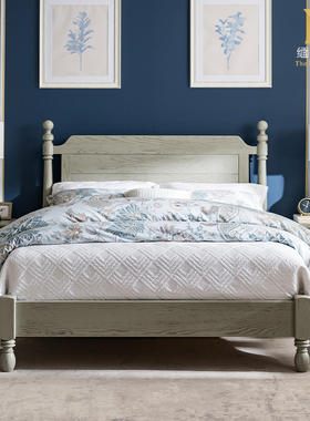 现代简约灰色实木床欧式双人床美式全实木原木田园公主床白蜡木