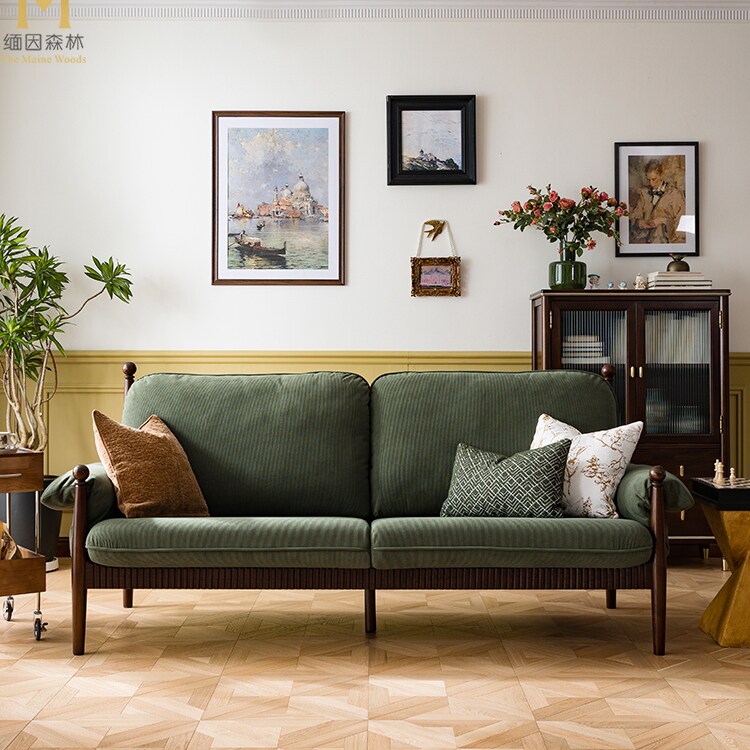 布艺沙发绿色客厅小户型实木直排复古灯芯绒法式政府补贴清新文艺