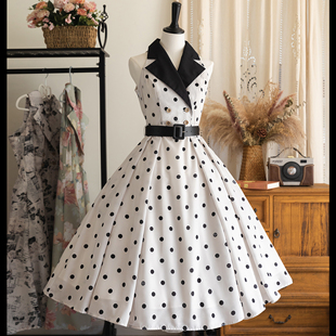 【午后森林】森林衣橱复古法式夏大摆裙西装领削肩袖赫本风连衣裙