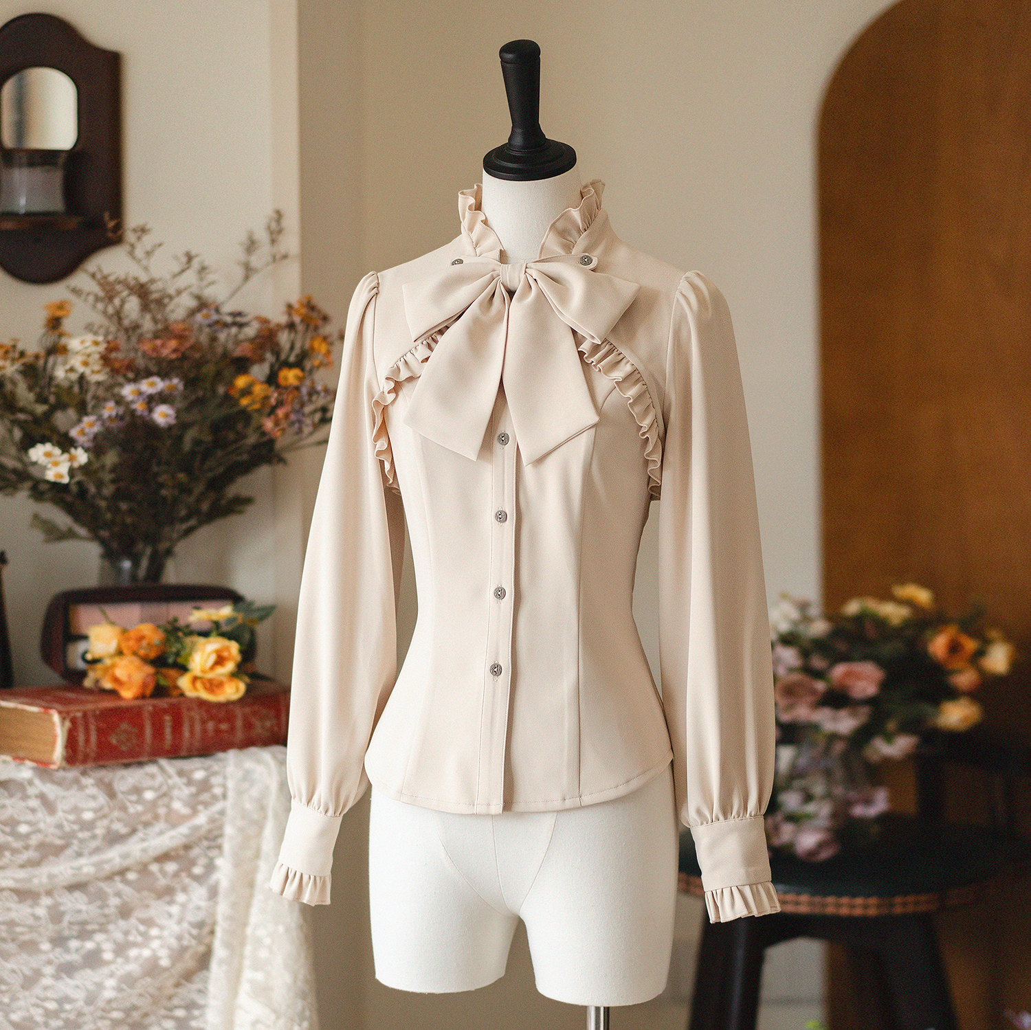 【森林信笺】森林衣橱原创复古荷叶边小立领衬衣可拆卸领结