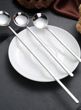 不锈钢304圆头冰勺调羹勺大中小号加厚长柄咖啡勺搅拌勺长汤勺