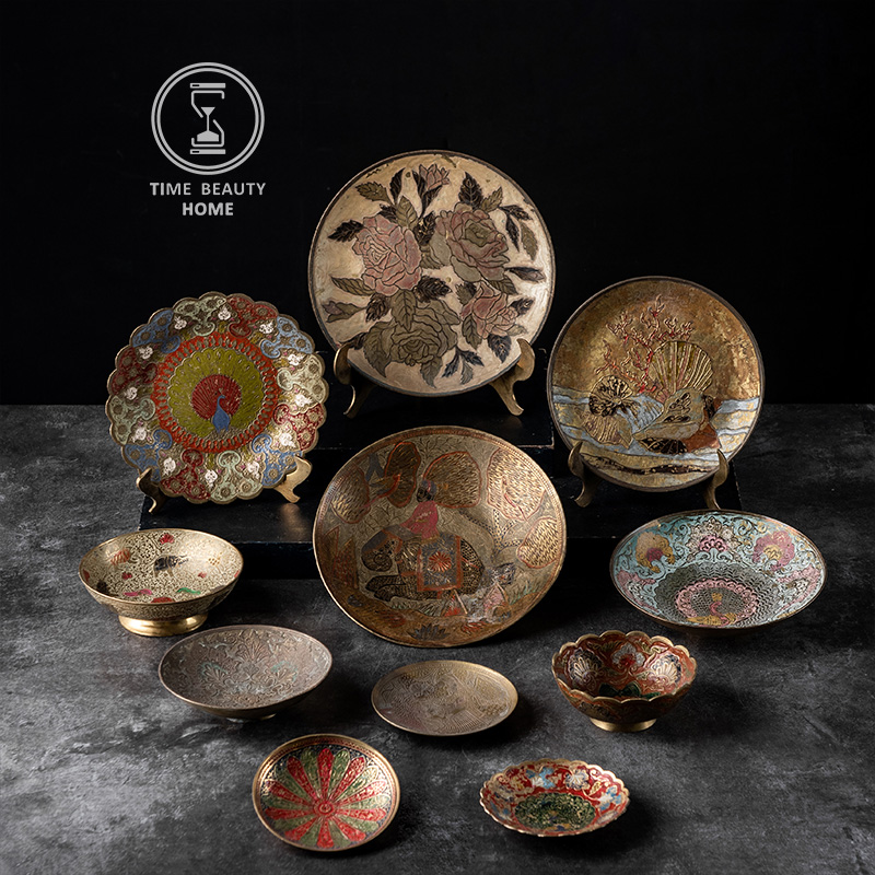 欧美黄铜漆彩碗盘旧物西洋古董