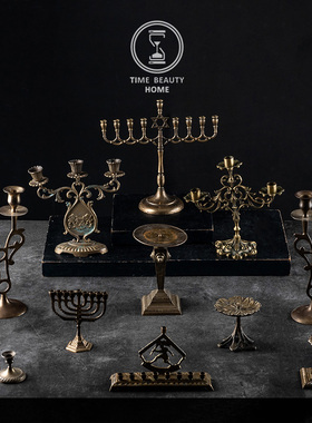 6.16 精 新 N组 欧式古董复古VINTAGE 黄铜烛台 装饰摆件软装ins