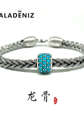 2025土耳其S925纯银绿松石霸气龙骨手工编织银手链男蛇年转运珠潮