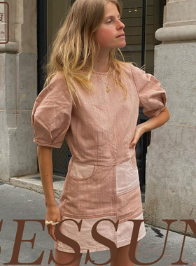 6折国现|法国 Sessun泡泡袖拼接色块粉色牛仔短款连衣裙Rose dunn