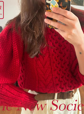 7折国现 |西班牙The New Society 红色粗棒针圆领罗纹厚毛衣 Tibe