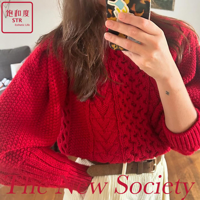 7折国现 |西班牙The New Society 红色粗棒针圆领罗纹厚毛衣 Tibe