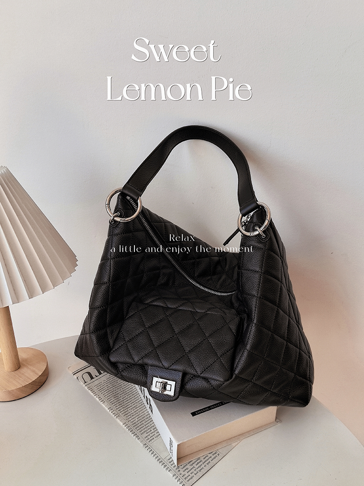 柠檬甜派单肩包菱格牛皮托特包