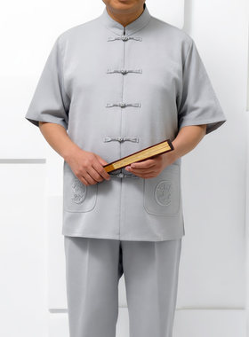 中老年唐装男冰丝短袖宽松爸爸夏装中国风爷爷老人套装衣服
