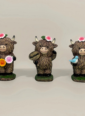 跨境春夏系列高地牛鲜花小鸟欢迎牌树脂工艺品花园庭院装饰品