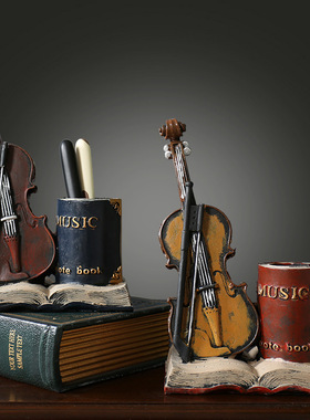 美式复古笔筒小提琴模型化妆收纳盒家居书房办公室装饰品礼品