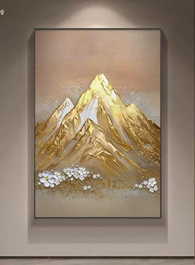 纯手绘日照金山挂画大芬油画浮雕肌理玄关装饰画金箔入户门走廊