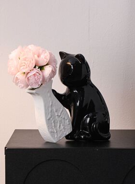 可爱小猫推倒花瓶插花花瓶摆件假花仿真花干花客厅餐厅桌面装饰品