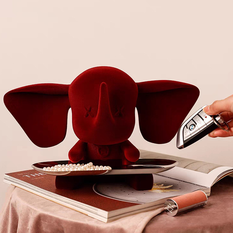 轻奢植绒小飞象托盘摆件入户玄关钥匙收纳盘卡通酒电视柜餐