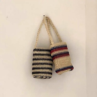 法式复古高级设计感镂空编织度假渔网包ins草编手提包单肩包