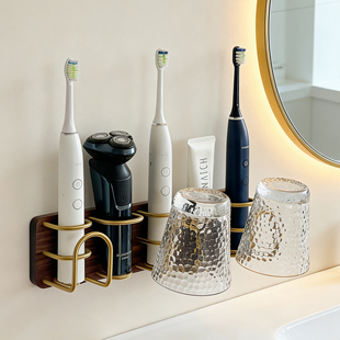 实木牙膏牙杯沥水收纳架 卫生间电动牙刷置物架免打孔洗漱台壁挂式