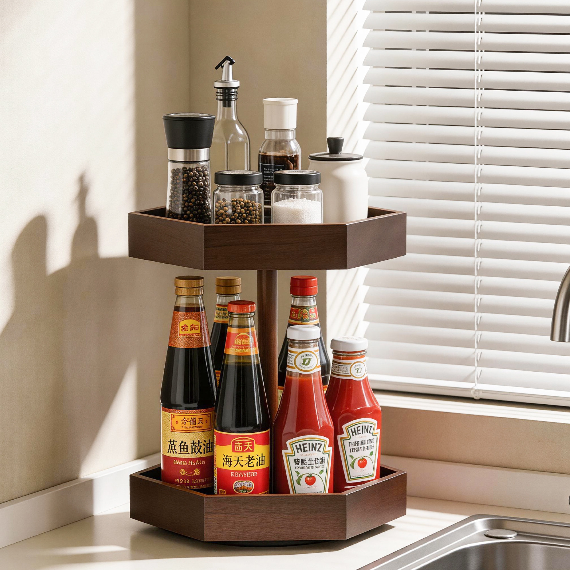 实木厨房调料旋转置物架台面多功能油盐酱醋调味品双层收纳整理架