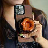 两针一线原创甜甜圈适用苹果17promax新款 支架小众手机壳iphone16promax真皮挂绳斜挎15pro高级感17air保护套