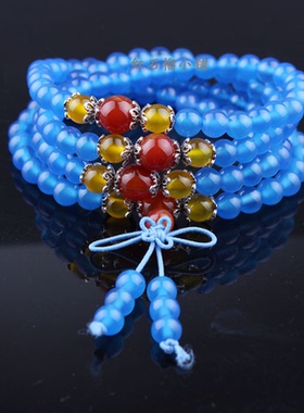 925银纯银 紫冰银镶嵌蓝绒晶 橘子石 红蚕石108颗佛珠手链