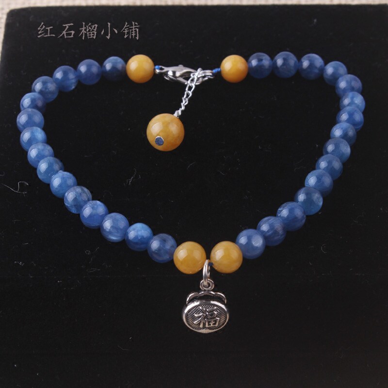 天然猫眼蓝绒晶脚链 台湾老料橘子石 紫冰银镶嵌蓝绒晶饰品