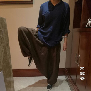 宽松灯笼裤 春秋尼泊尔大裆裤 男 休闲哈伦裤 大码 纯色亚麻吊裆裤 垮裤