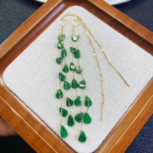 7857号18k黄金天然缅甸翡翠a货糯种辣阳绿加长耳线一图一物